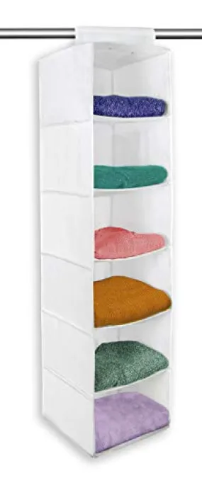 6-Shelf Cubby Sweater Hanging Organizer with Hook and Loop - Non-Woven Material - Clothes, Clothing, Accessories, Closet Storage Organization - 12 x 48 Inch - White