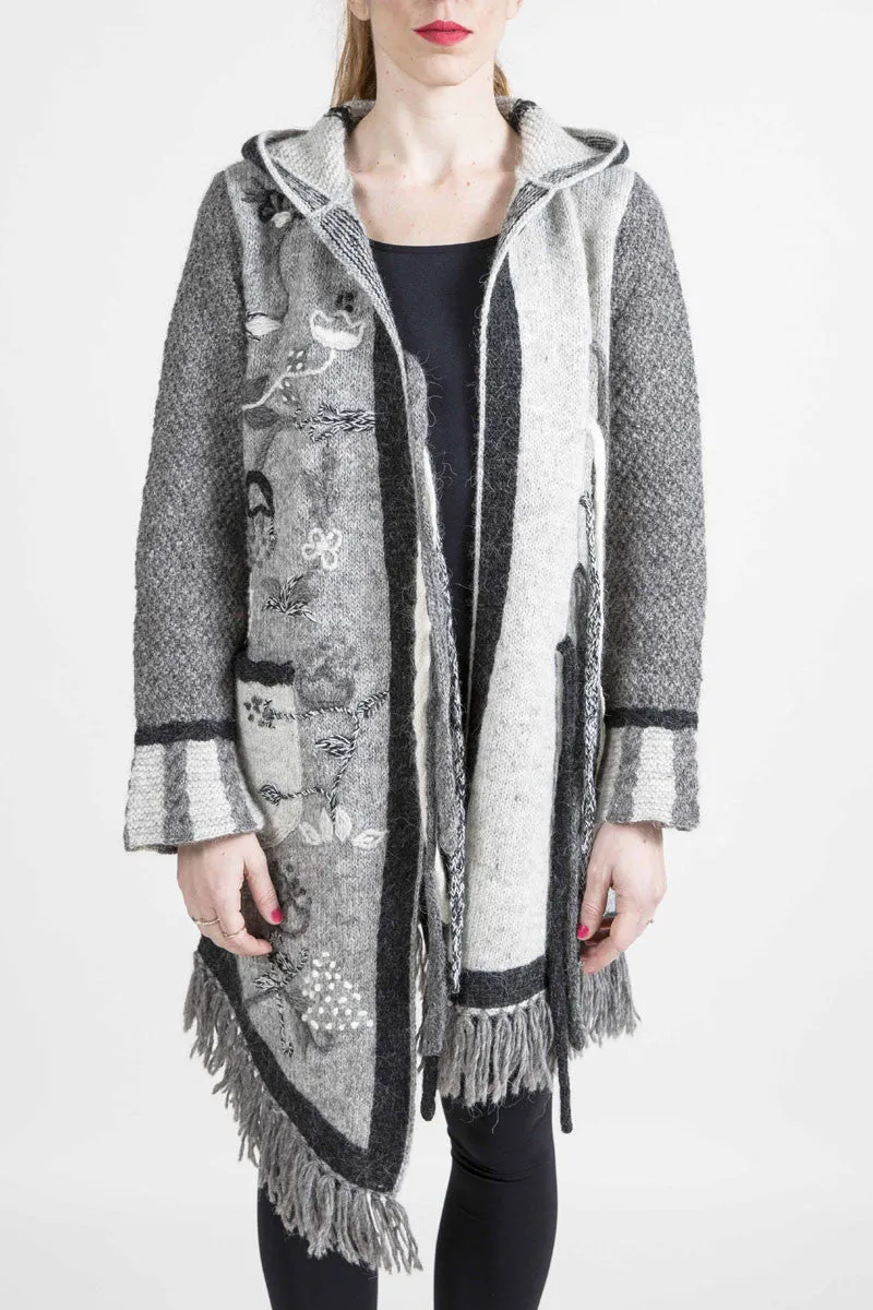 Asymmetrical Long Sweater with Floral Embroidery - 6191