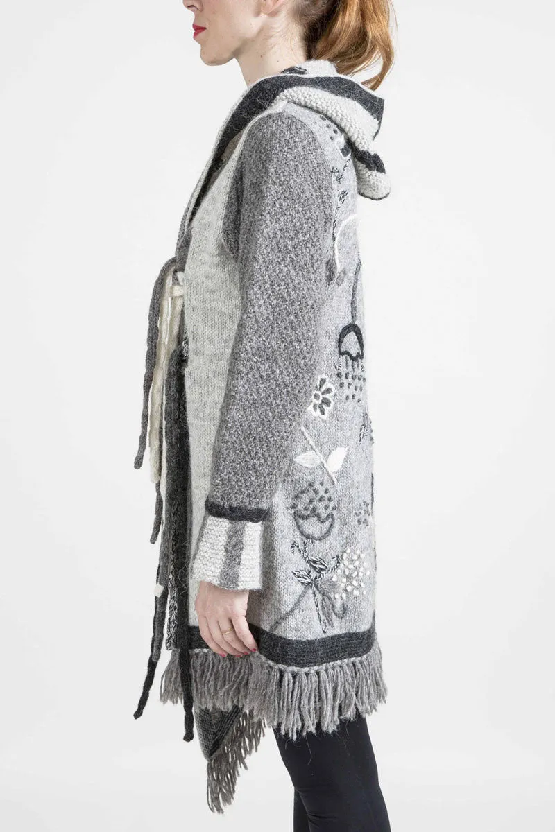 Asymmetrical Long Sweater with Floral Embroidery - 6191