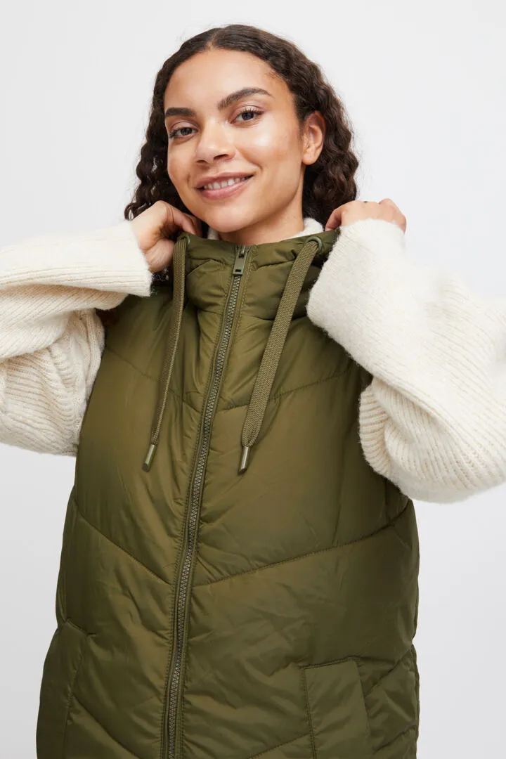 B Young Bomina Long Khaki Puffer Gilet