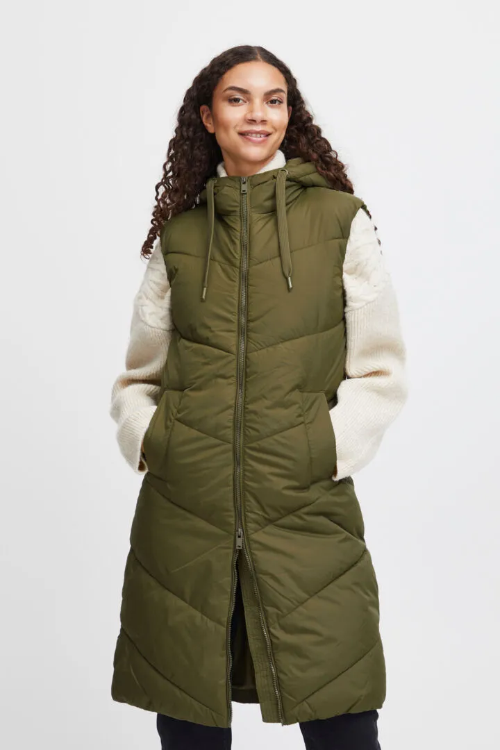 B Young Bomina Long Khaki Puffer Gilet