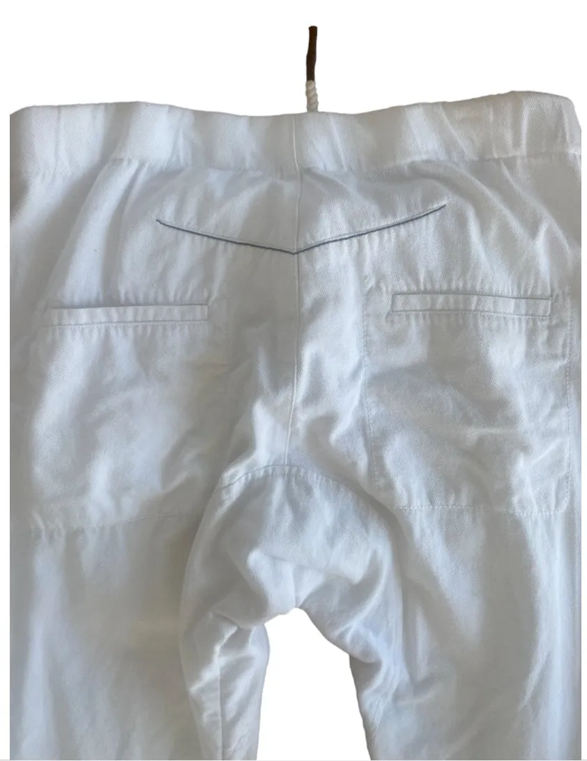Bassike White Jeans | Racer Stripe, Sz 2, Drop Crotch, Drawstring, Italian Mater
