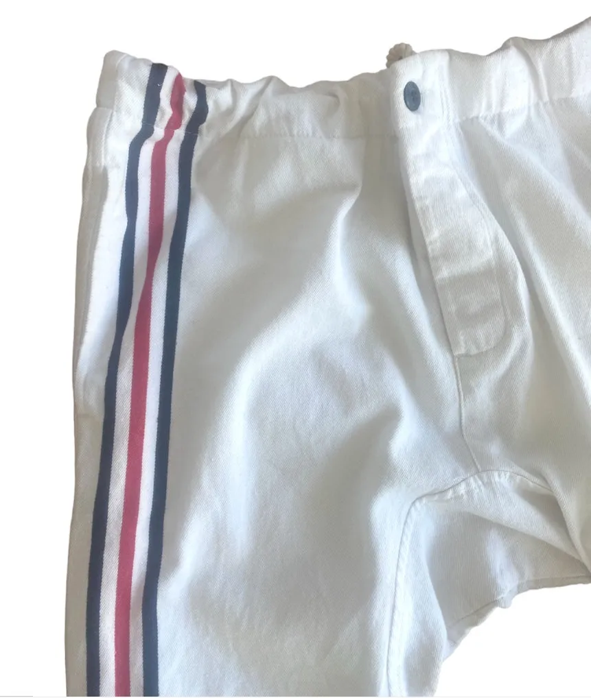 Bassike White Jeans | Racer Stripe, Sz 2, Drop Crotch, Drawstring, Italian Mater