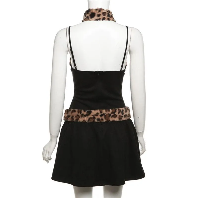 BerriesJam - Leopard Print Patchwork Button Zip-Up Cami Mini Dress