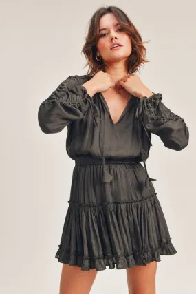 Black Silky Cinch Sleeve Dress