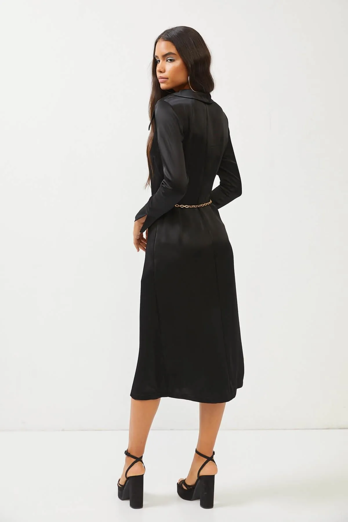 Black Silky Long Sleeve Midi Dress