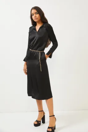 Black Silky Long Sleeve Midi Dress