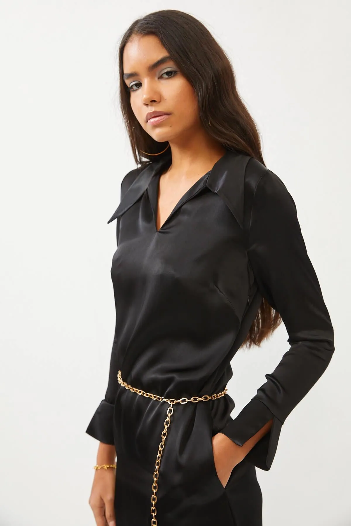 Black Silky Long Sleeve Midi Dress