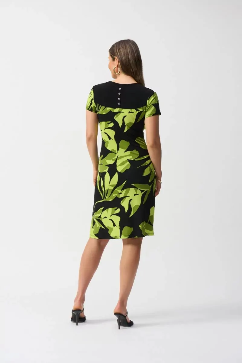 Black/Multi Silky Knit Tropical Print A-Line Dress Style 251200