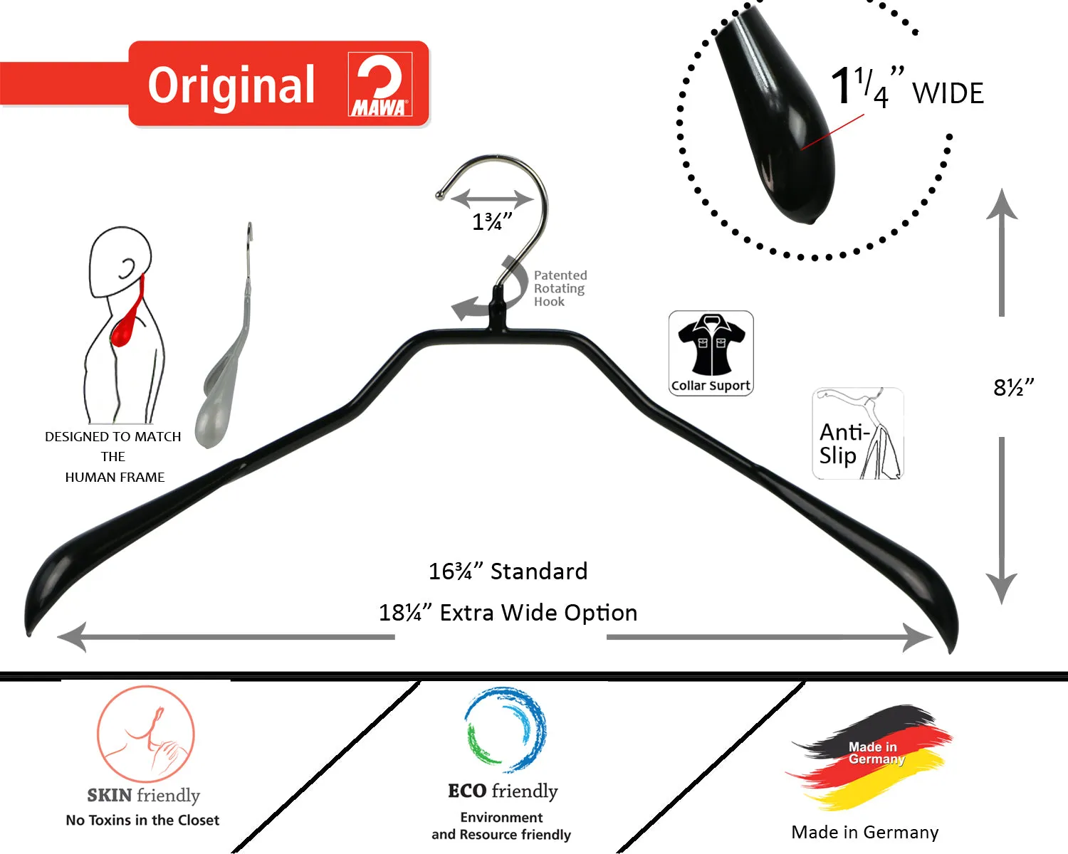 BodyForm Series- Steel Coated Hanger, Wide Shoulder Support, Model 42L, Silver