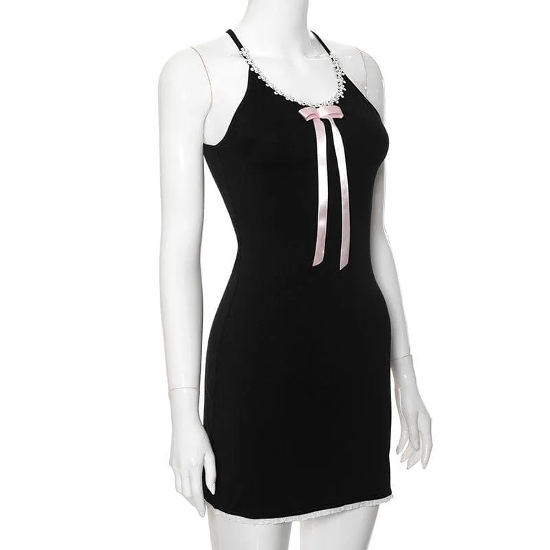 Bowknot ribbon lace hem u neck cross back backless cami mini dress