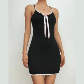 Bowknot ribbon lace hem u neck cross back backless cami mini dress