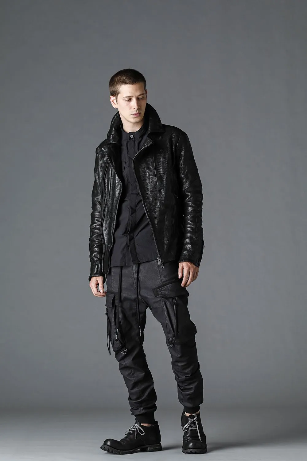 Carbon Coated Denim Drop Crotch Cargo Slim Pants