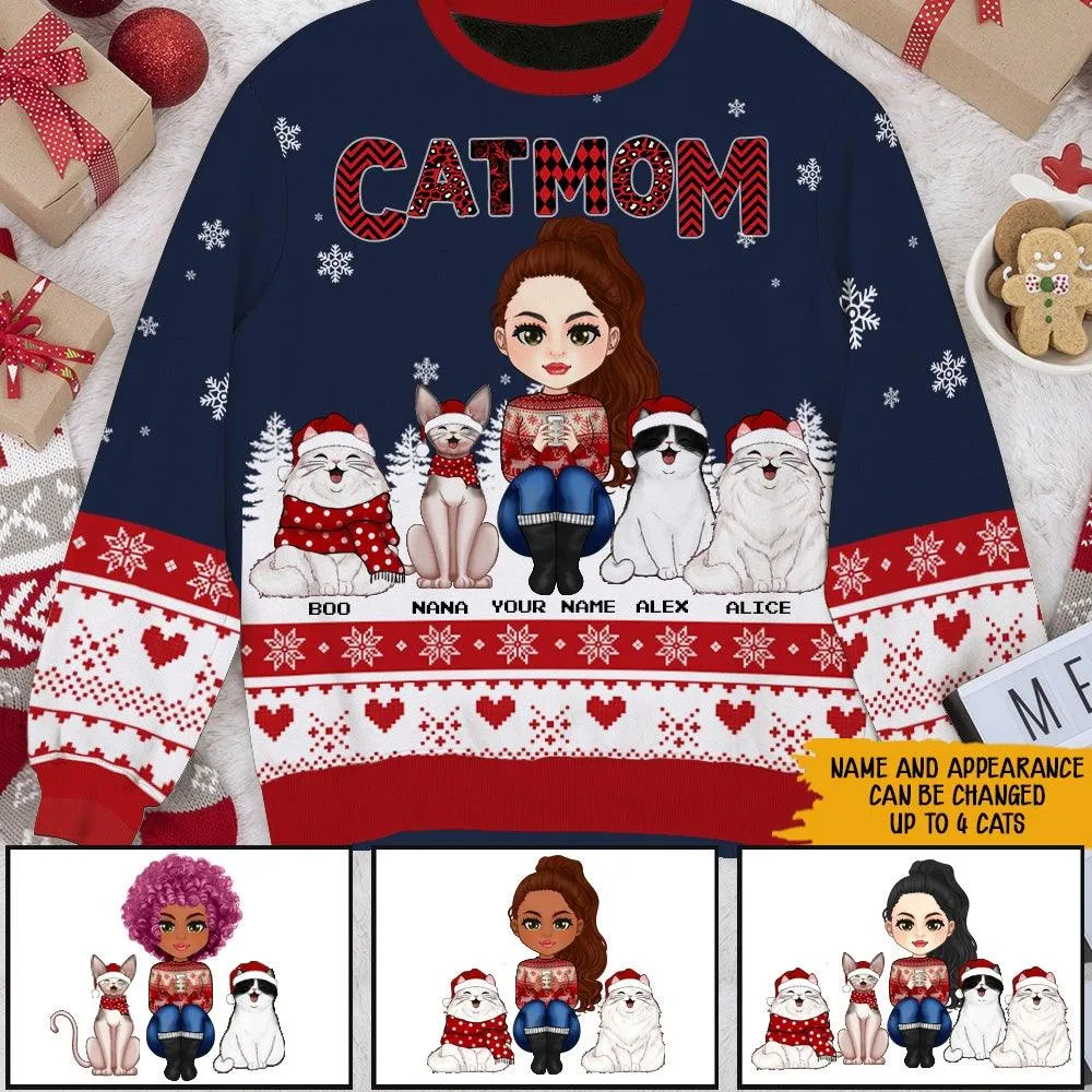 Cat Lover Christmas Custom Wool Sweater Cat Mom Personalized Gift