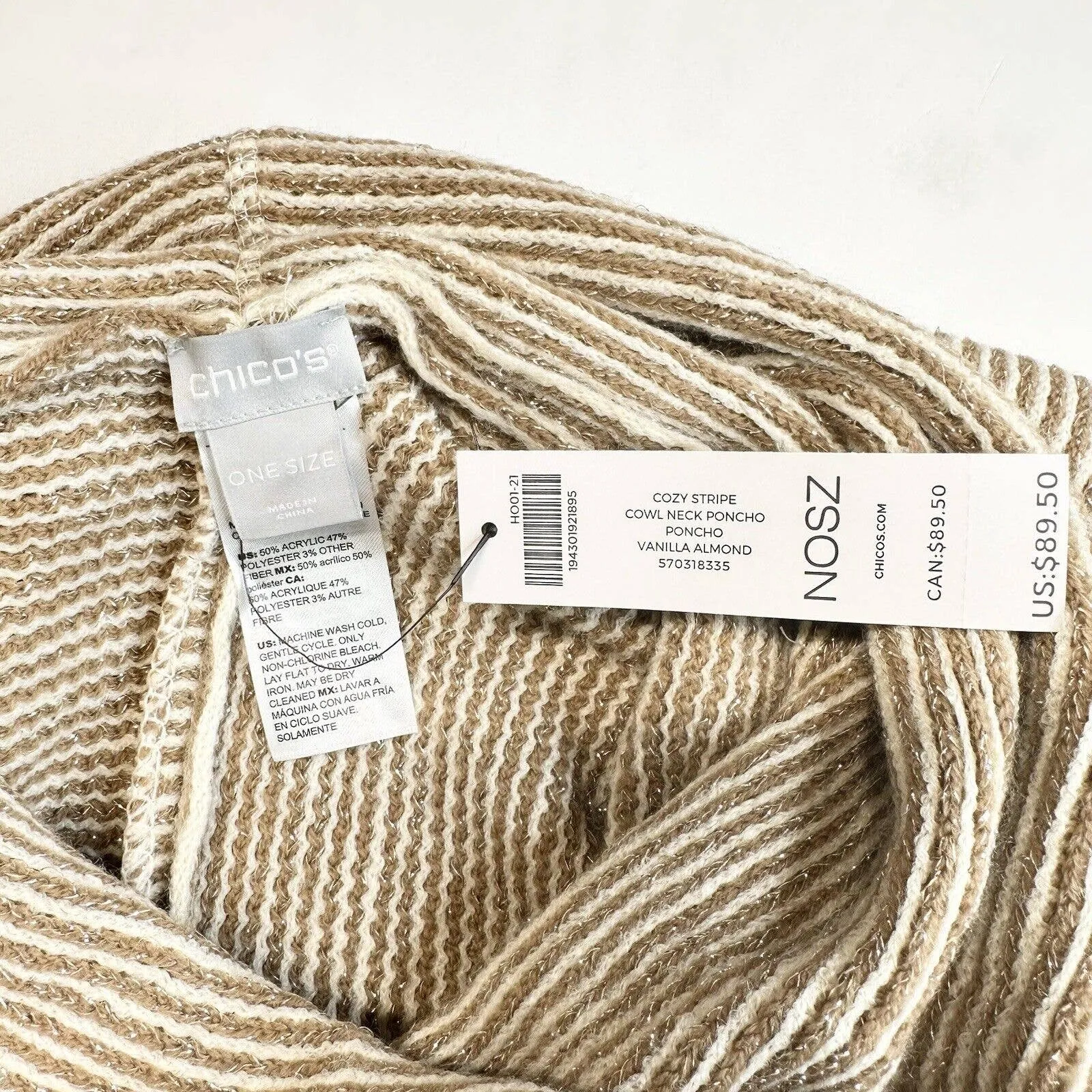 Chicos Cowl Neck Poncho OS Beige/Tan Metallic Striped Knit Sweater Fringe NEW