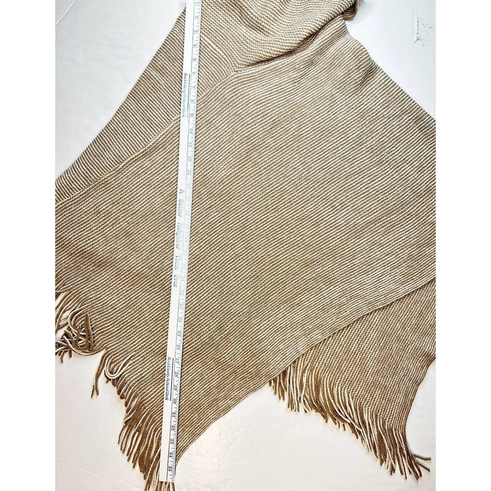 Chicos Cowl Neck Poncho OS Beige/Tan Metallic Striped Knit Sweater Fringe NEW