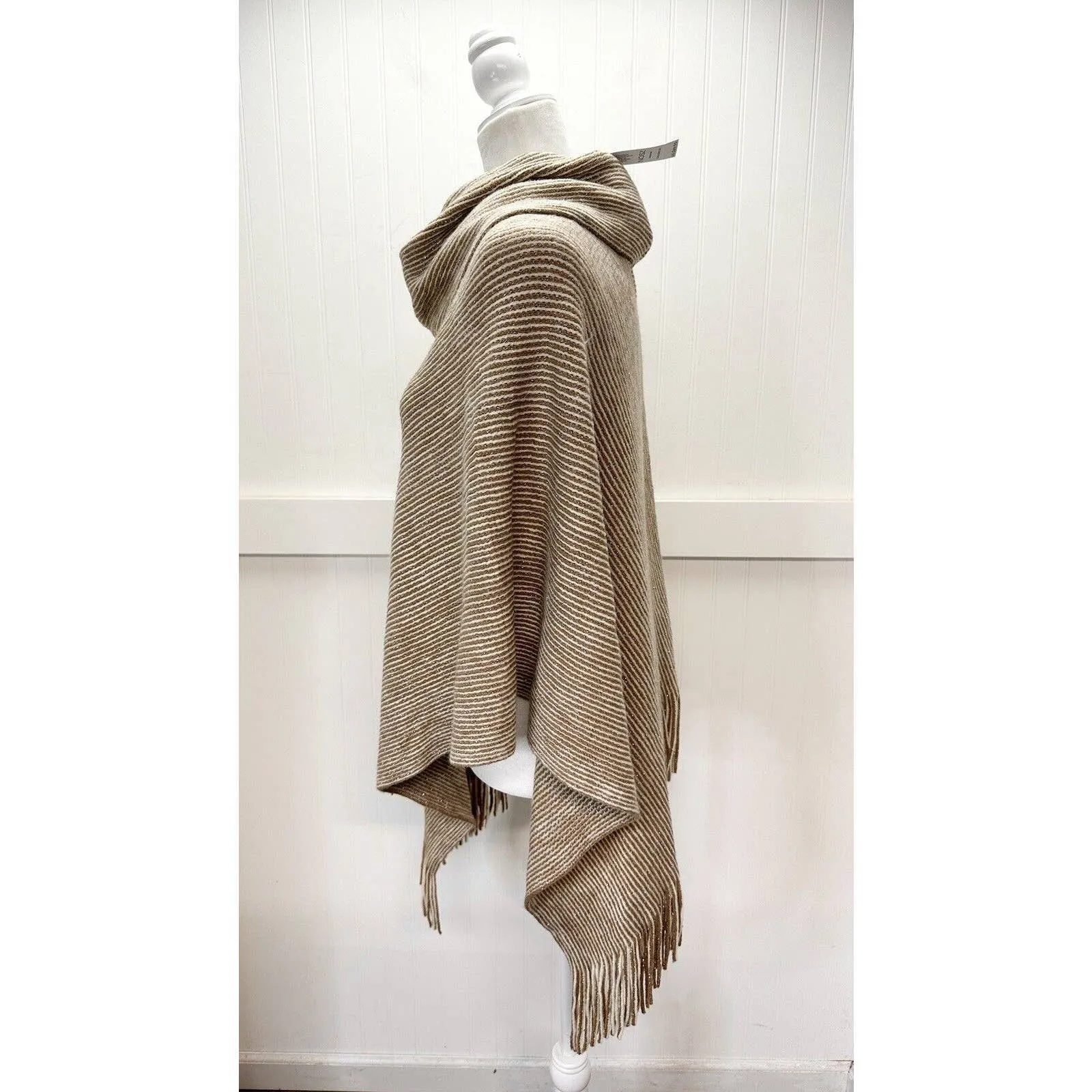 Chicos Cowl Neck Poncho OS Beige/Tan Metallic Striped Knit Sweater Fringe NEW