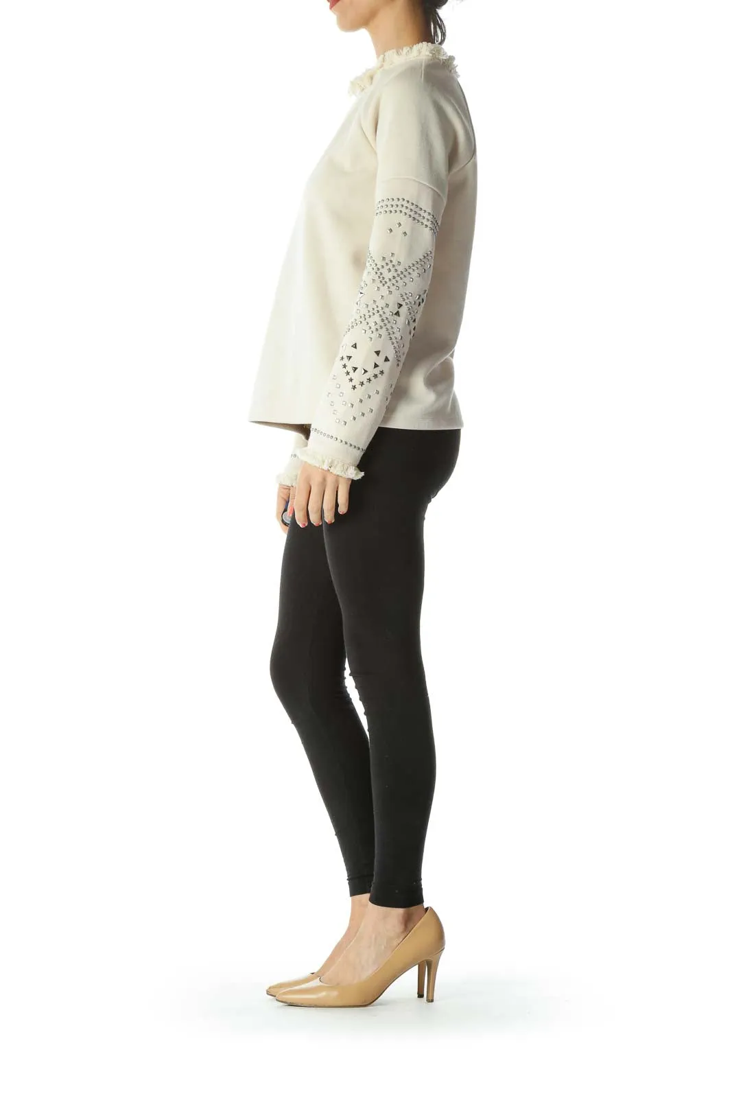 Cream Fringed-Neckline Bejewel-Sleeved Long-Sleeve Sweater