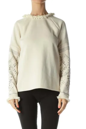 Cream Fringed-Neckline Bejewel-Sleeved Long-Sleeve Sweater