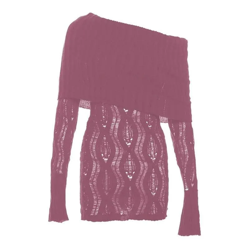 Crochet off shoulder long sleeve hollow out mini dress
