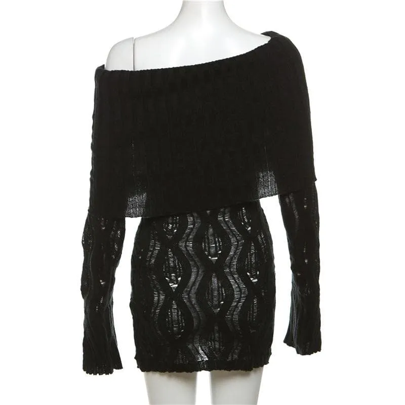 Crochet off shoulder long sleeve hollow out mini dress