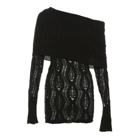 Crochet off shoulder long sleeve hollow out mini dress