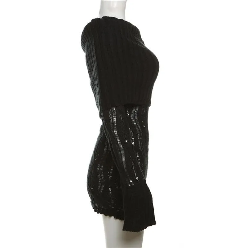 Crochet off shoulder long sleeve hollow out mini dress
