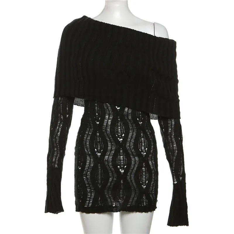 Crochet off shoulder long sleeve hollow out mini dress