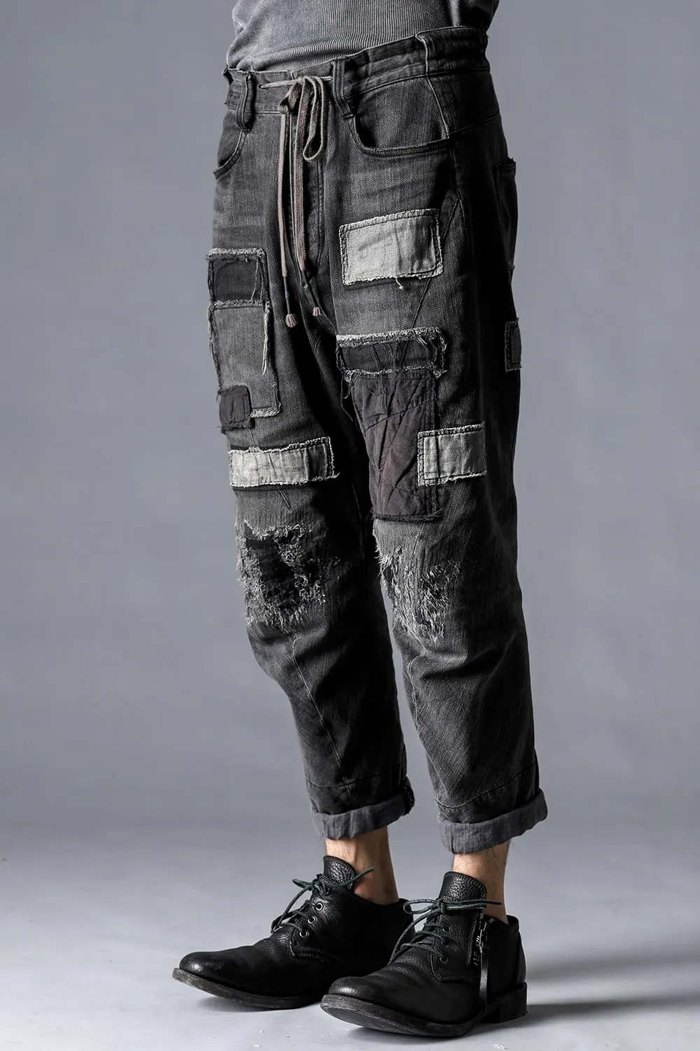 Damage Repair Curved Tapered Drop Crotch Denim Pants