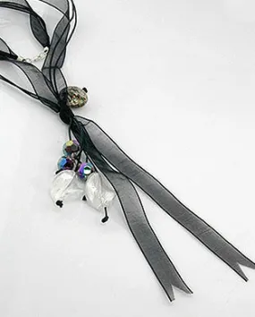 Dark Black Sheer Ribbon and Cord Y Necklace 24" Sterling Silver Clasp