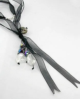Dark Black Sheer Ribbon and Cord Y Necklace 24" Sterling Silver Clasp