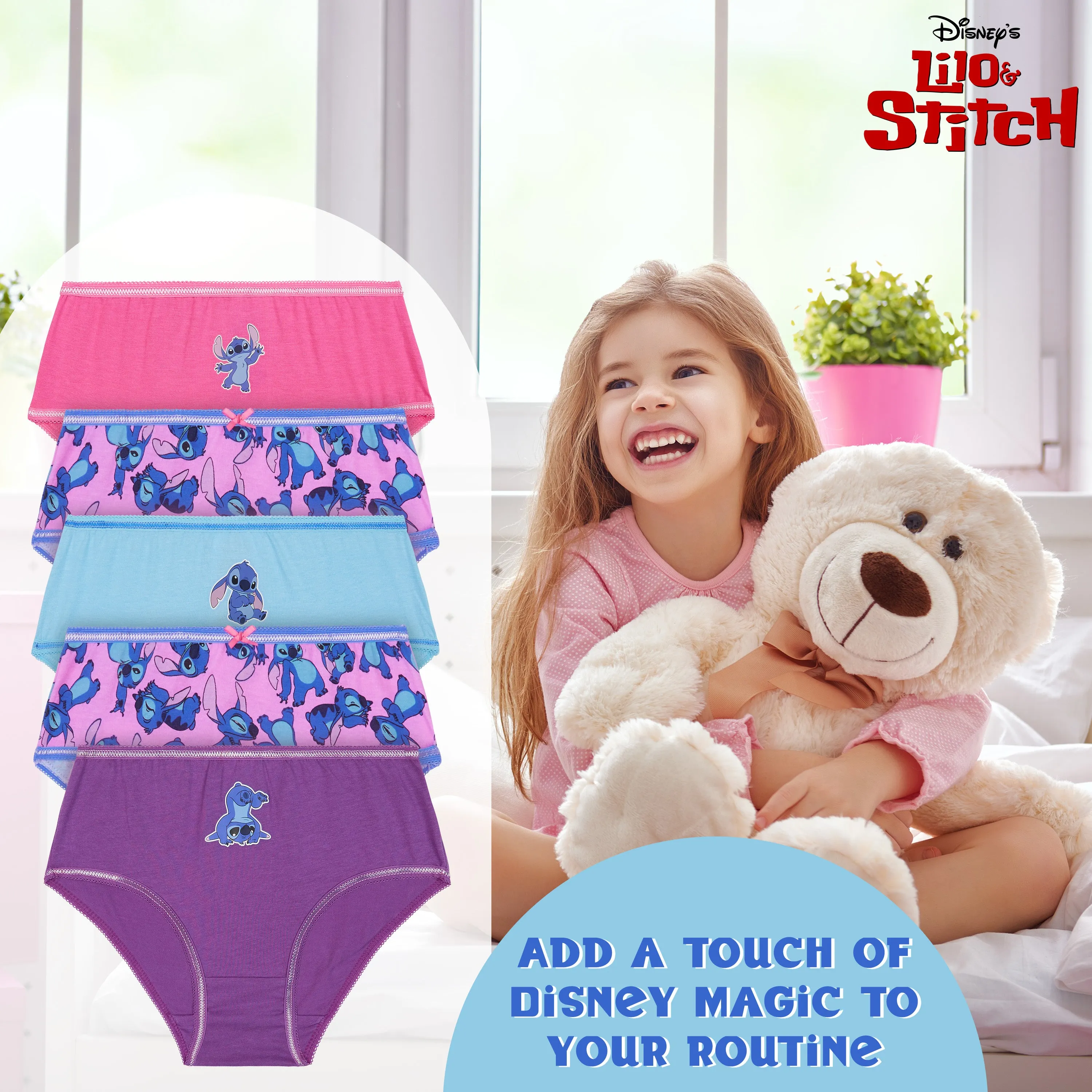 Disney Stitch Girls Knickers, Comfy Breathable Cotton Underwear for Kids - Pack of 5