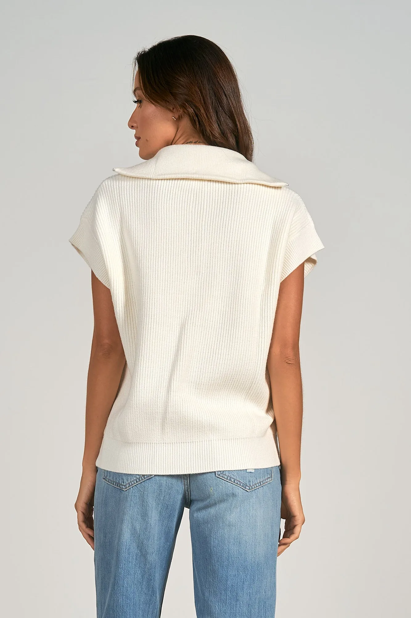 Elan Off White Short Sleeve Quarter Zip Sweater