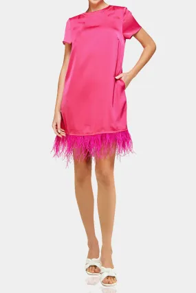 Feather Hem Pink Mini Dress