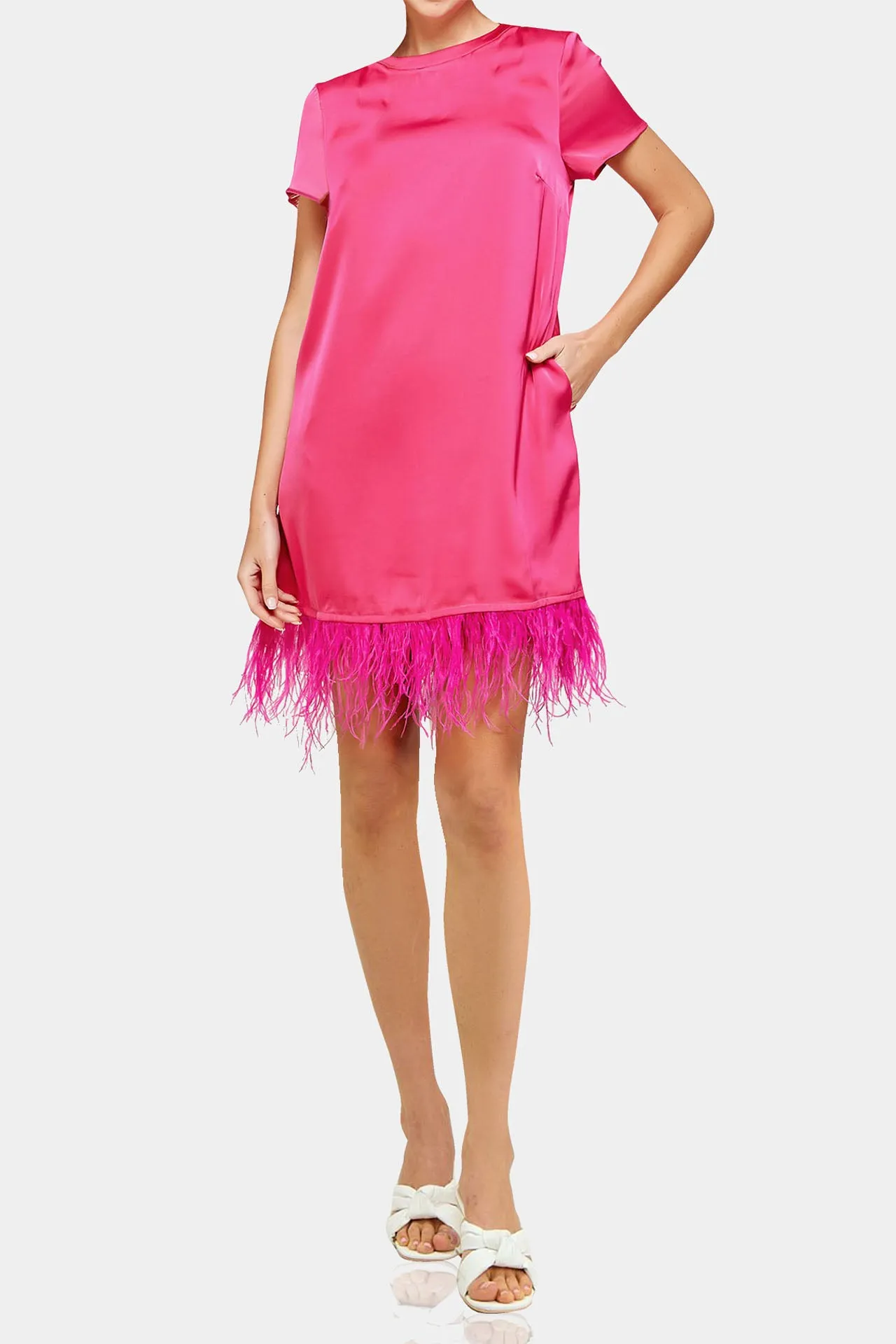 Feather Hem Pink Mini Dress