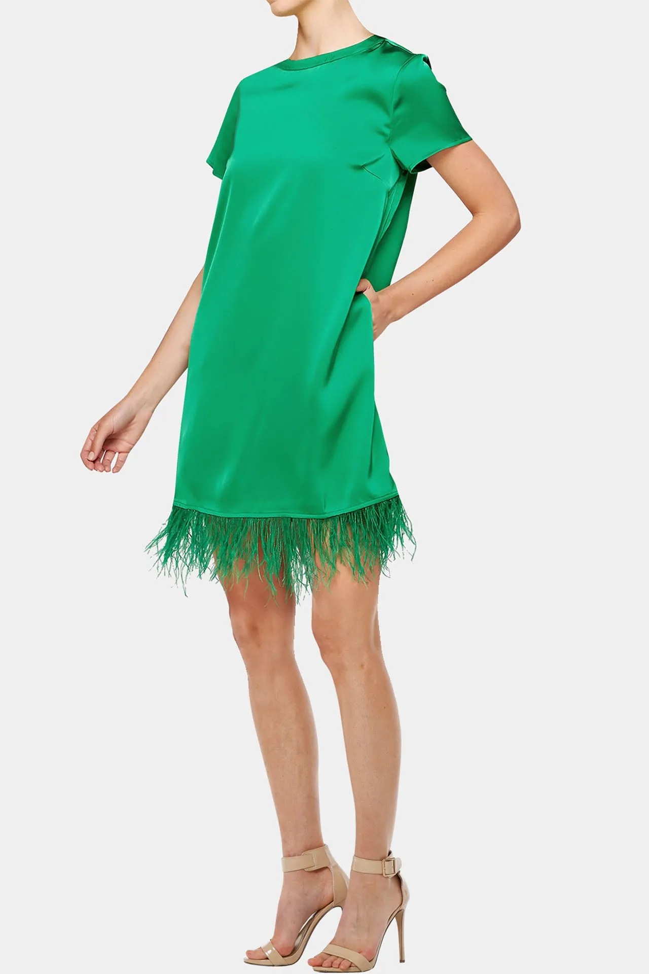 Feather Hem Short Green Dress
