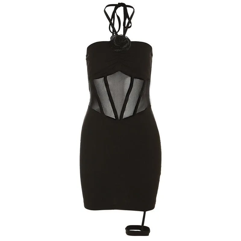 Flower applique halter mesh patchwork backless mini dress