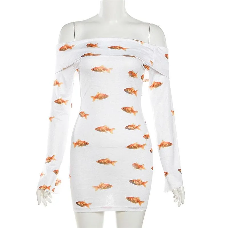 Goldfish print off shoulder long sleeve mini dress