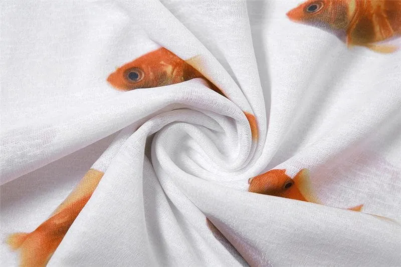 Goldfish print off shoulder long sleeve mini dress