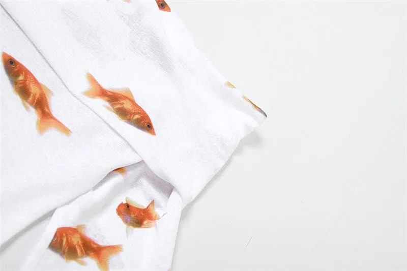 Goldfish print off shoulder long sleeve mini dress