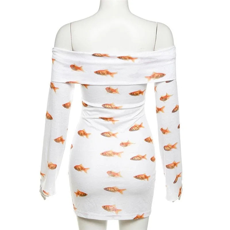 Goldfish print off shoulder long sleeve mini dress