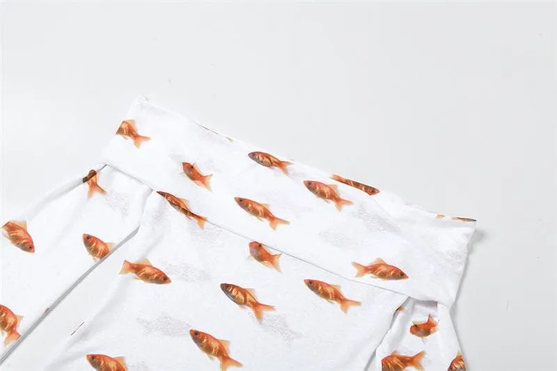 Goldfish print off shoulder long sleeve mini dress