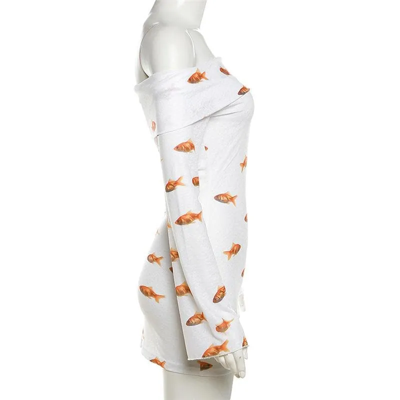 Goldfish print off shoulder long sleeve mini dress