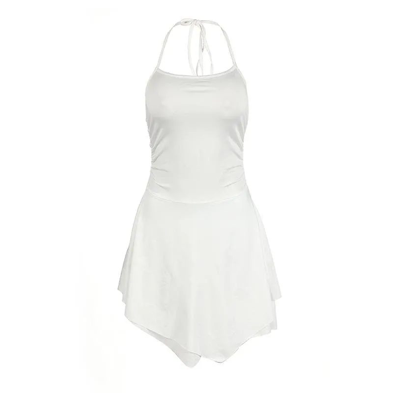 Halter self tie backless irregular ruched mini dress
