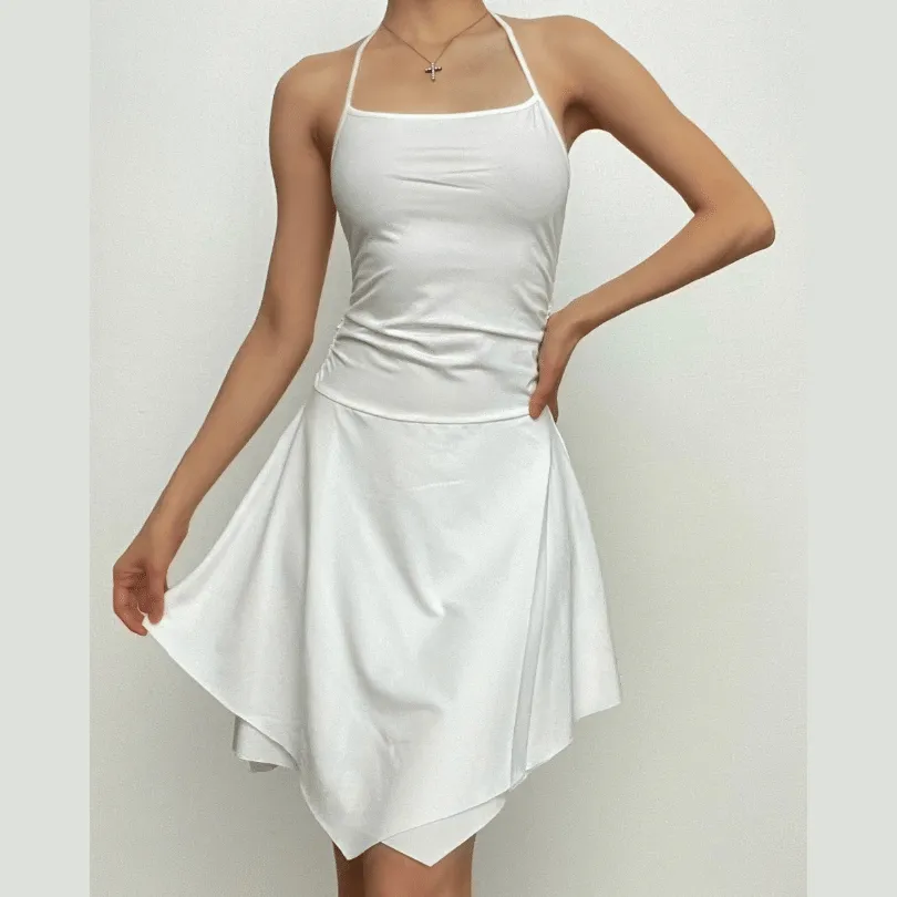 Halter self tie backless irregular ruched mini dress