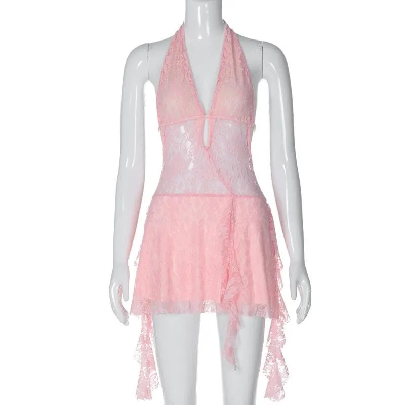 Halter v neck backless lace self tie hollow out mini dress