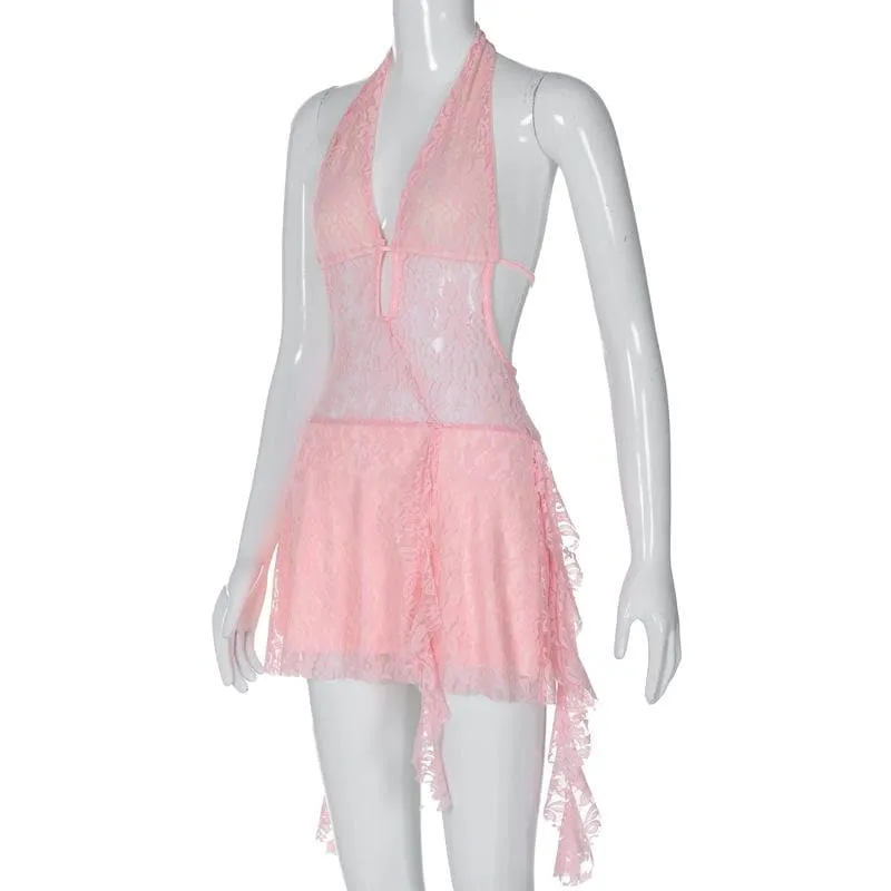 Halter v neck backless lace self tie hollow out mini dress
