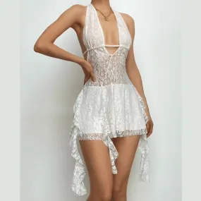 Halter v neck backless lace self tie hollow out mini dress