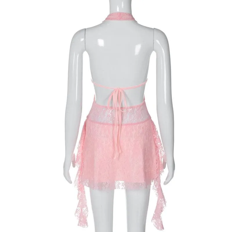 Halter v neck backless lace self tie hollow out mini dress