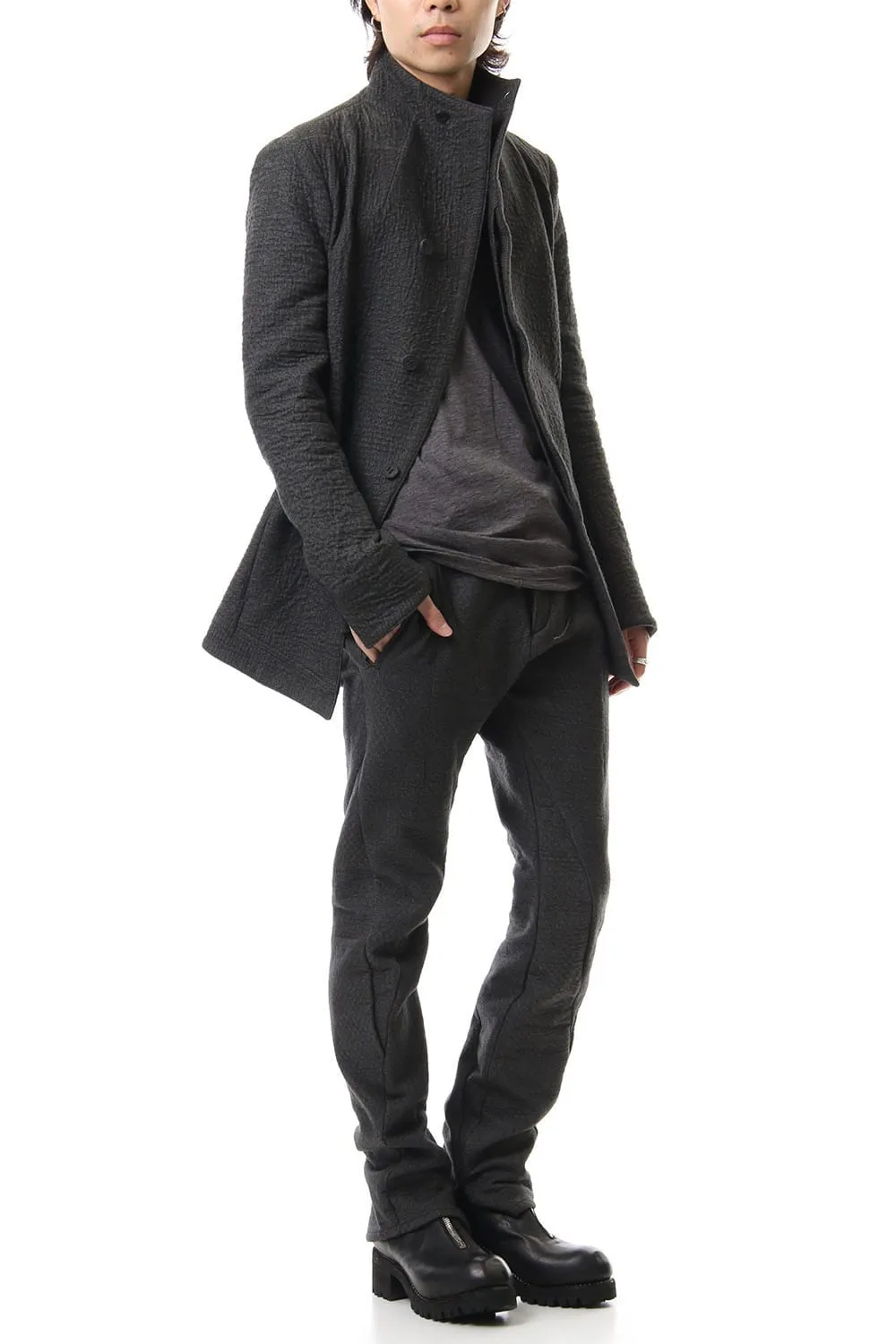 Hand Dyed Linen ×  Freece Needle Punch  Drop Crotch Slim Pants Charcoal - ST107-0039A